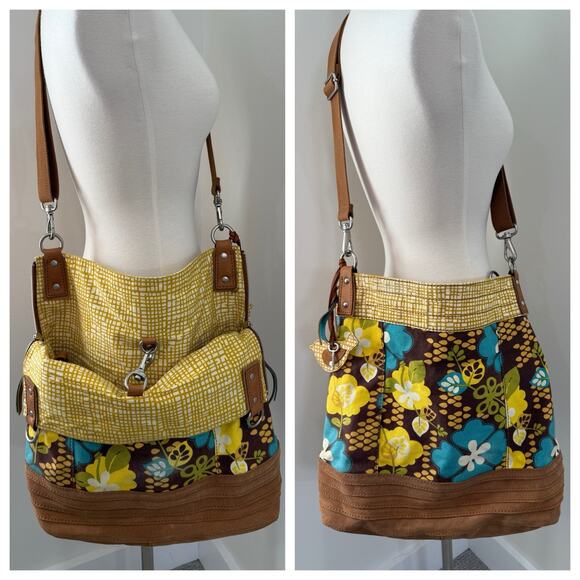 Fossil Large Hobo Crossbody Bag Key Bird Charm Leather Trim Floral Purse Boho - Picture 1 of 11